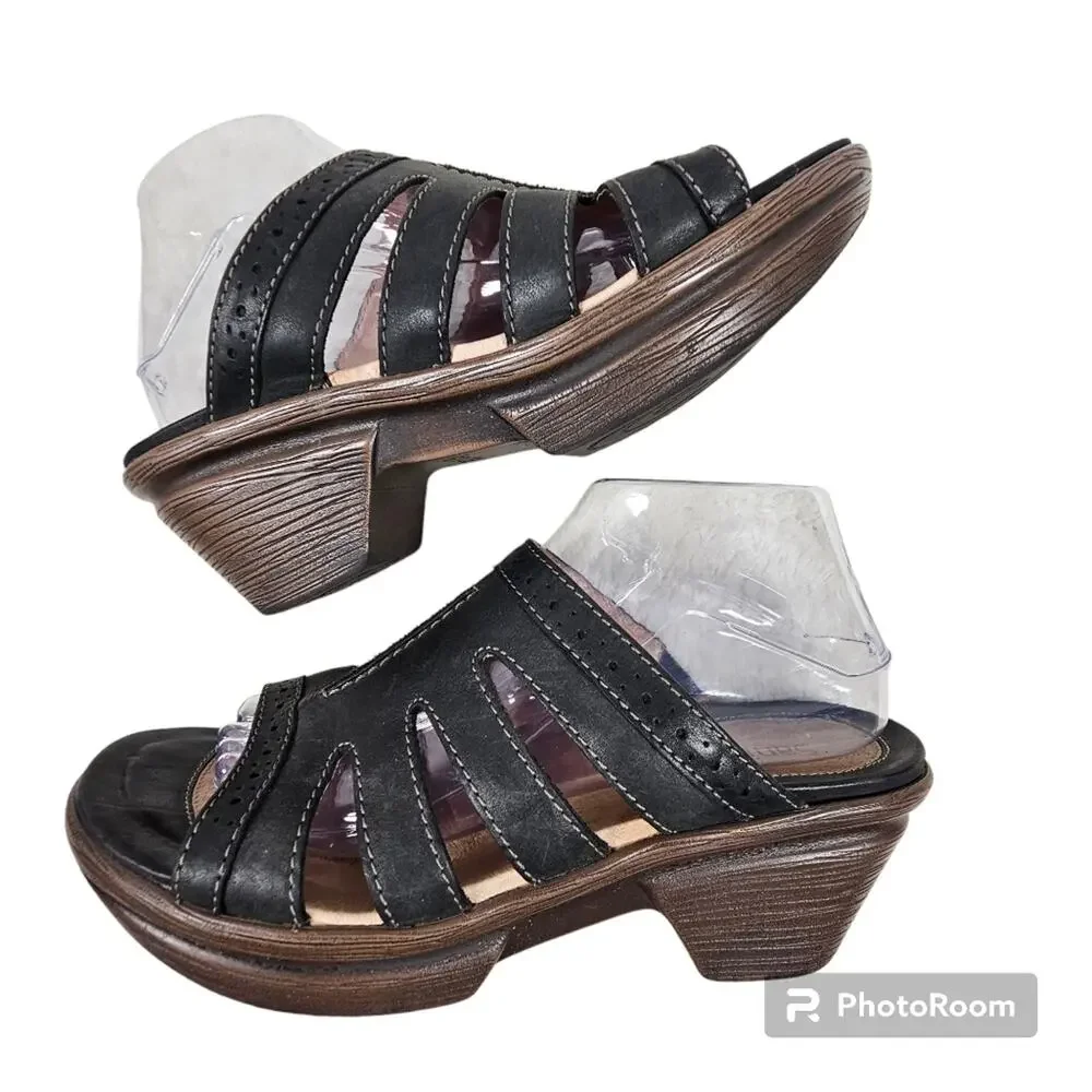 Sanita Nina Black Leather Peekaboo Slides Block Heel EU 40; US 9